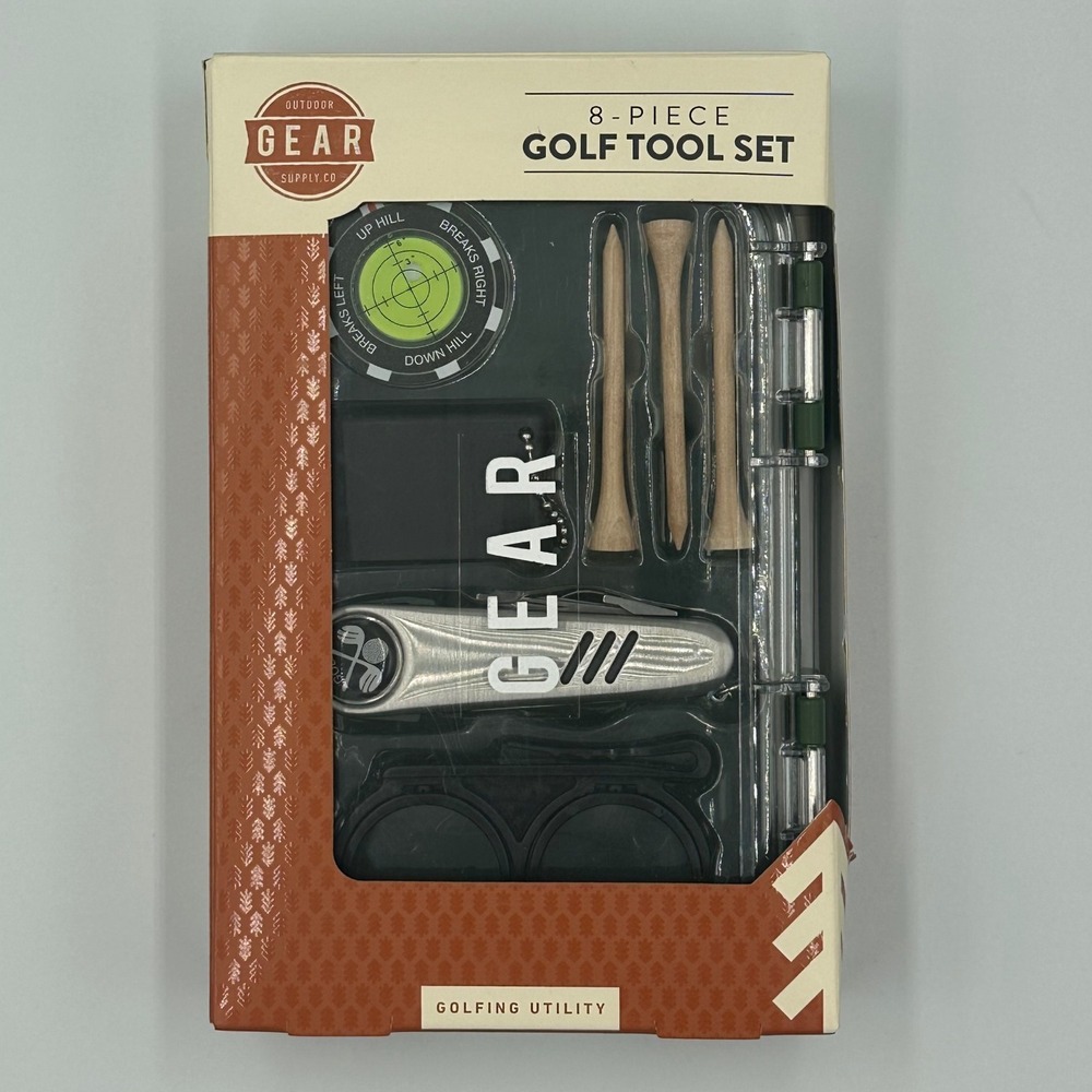 8-Piece Golf Tool Kit: Club Cleaner Green Level Ball Holder‎ Wooden Tees - NIB